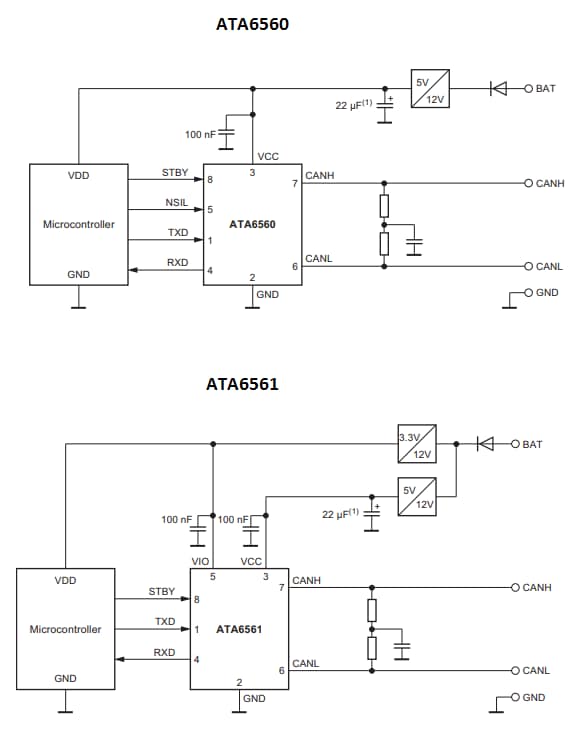 アプリケーション回路図 - Microchip Technology ATA6560/ATA6561高速CANトランシーバ
